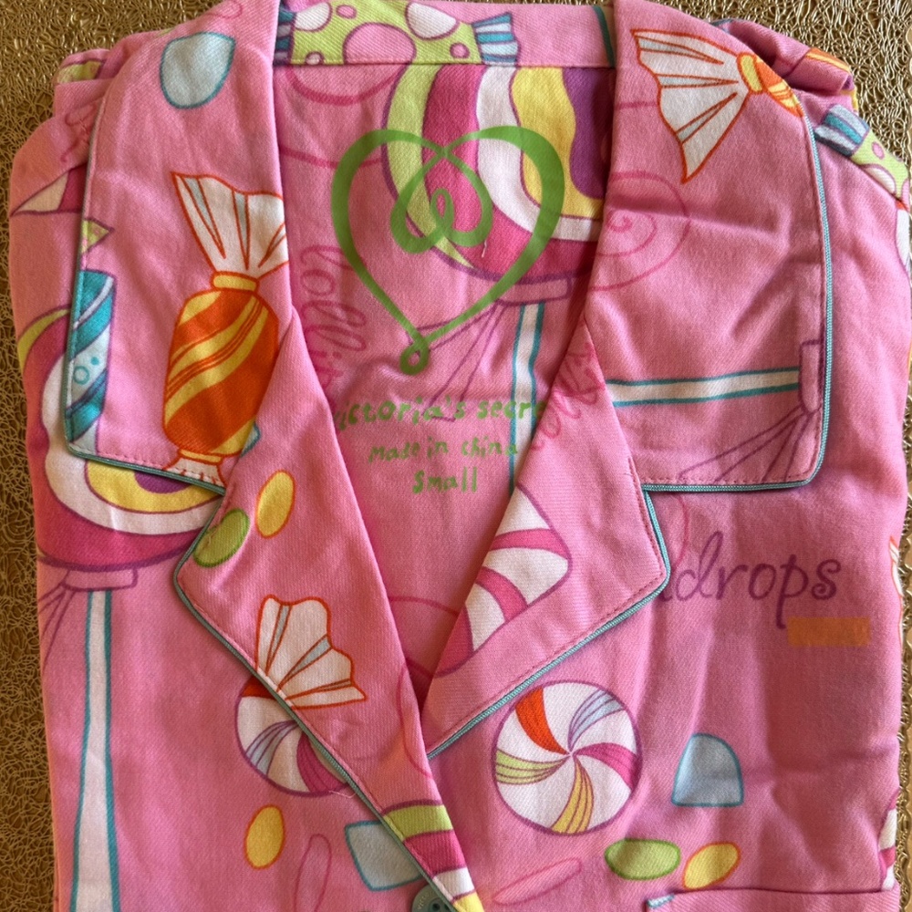 VICTORIA'S SECRET 100% COTTON FLANNEL LONG PAJAMA SET Pink Candy with bag SMALL